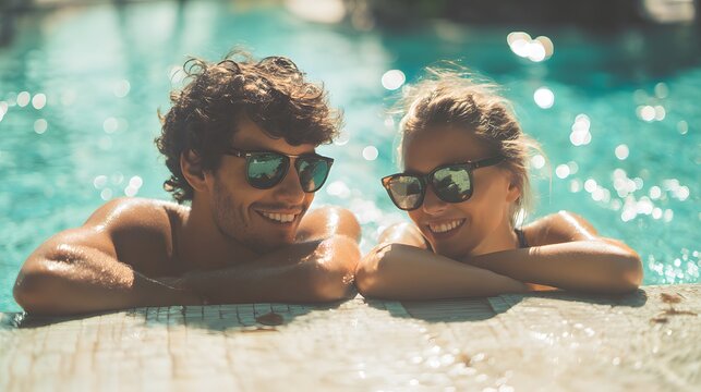 Joyful couple relaxes poolside enjoying a blissful summer vacation escape full of sunshine and carefree moments