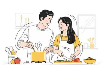 A couple happily cooks together in a bright kitchen. They?re smiling and engaged in preparing a meal. Modern, inviting, and perfect for lifestyle visuals.