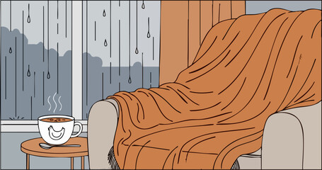 Cozy scene- person relaxes with a warm drink and blanket watching rain  A comforting and serene image perfect for promoting relaxation and self-care  Soft colors and a simple composition