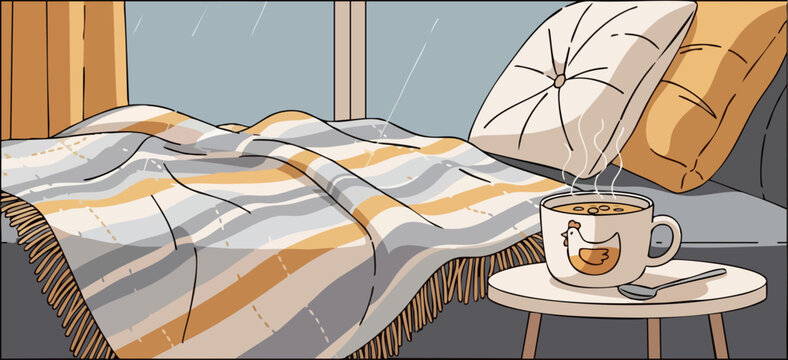 Cozy scene- person relaxes with tea and a blanket watching a rainy day Warm colors and soft textures create a comforting atmosphere Perfect for lifestyle and wellness visuals