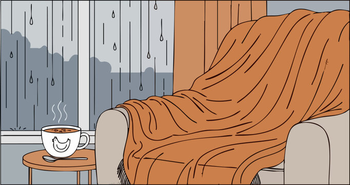 Cozy scene- person relaxes with a warm drink and blanket watching rain  A comforting and serene image perfect for promoting relaxation and self-care  Soft colors and a simple composition