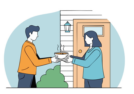 A friendly delivery person hands a warm bowl of soup to a woman at her door. Illustrative style, conveying warmth and hospitality. Modern, flat design. - Powered by Adobe