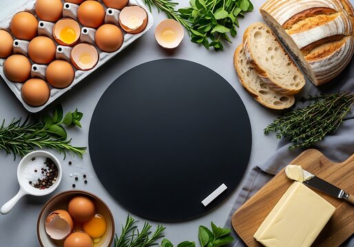 Overhead view of a rustic breakfast spread with eggs, bread, butter, and herbs on a grey surface, morning meal, homemade breakfast, rustic food styling, fresh ingredients, cozy kitchen, brunch setup