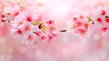 Pink cherry blossoms blooming on a branch, creating a beautiful spring background with soft bokeh and light