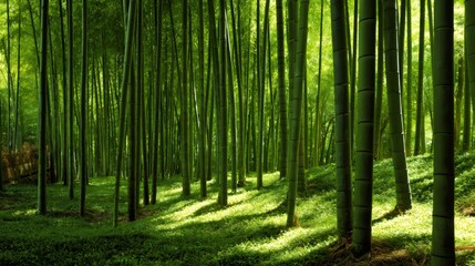 Lush bamboo forest in a tranquil environment with sunlight filtering through the dense canopy onto the ground vegetation