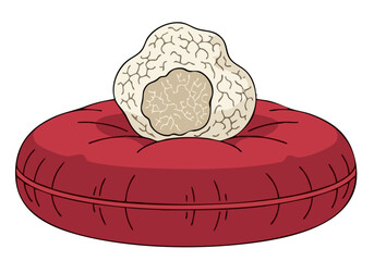 A whimsical illustration depicts a truffle resting on a plush red cushion, resembling a crown. Simple, graphic style, perfect for branding and design projects.