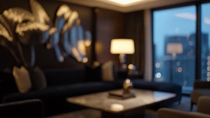 A beautifully blurred, out-of-focus view of a luxurious modern living room or upscale hotel suite during the evening. Warm ambient lighting from elegant lamps illuminates a sophisticated interior, cre