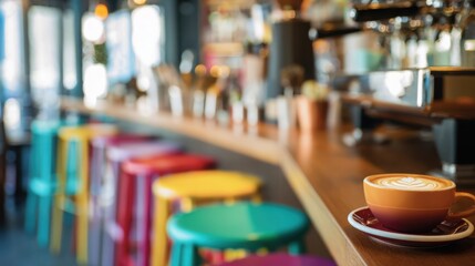 modern coffee bar with espresso machine, latte art on a cup in foreground, colorful bar stools blurred in background, vibrant atmosphere