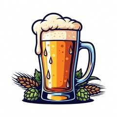 A tall glass mug filled with frothy golden beer and condensation drips surrounded by hops and barley