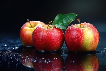 A vibrant display of apples, each with a unique combination of red and yellow hues, resting on a glossy black surface, their glossy skin reflecting the surrounding light.