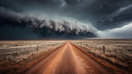 Storm clouds moving over a dirt road in a dry prairie landscape, bringing dramatic weather and strong wind
