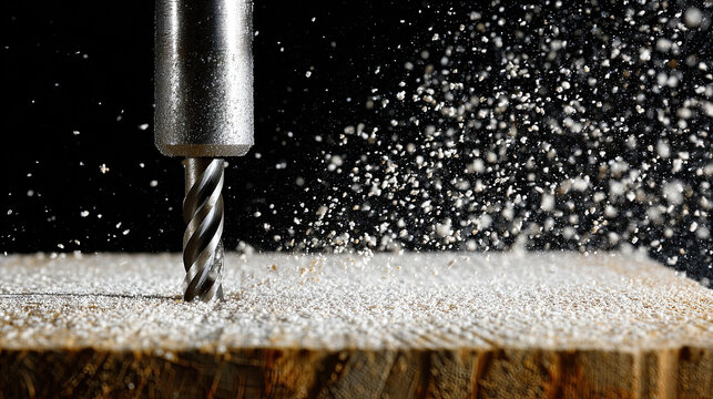 Drill Bit Penetrating Wood with Flying Sawdust Against Dark Background