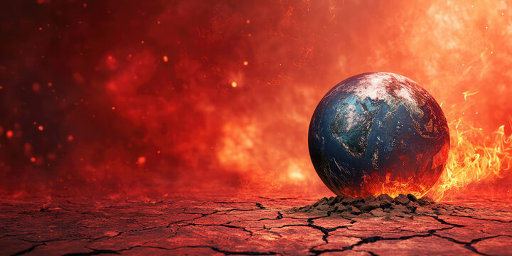 Earth globe on cracked ground against a fiery red background, symbolizing climate change and environmental crisis, highlighting the urgent need for action and awareness in global warming