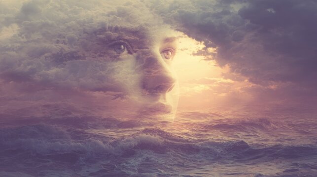 mysterious female appearing in the sky above rough sea waves at sunset, dreamy lighting, golden pink horizon, gentle fog connecting heaven and ocean