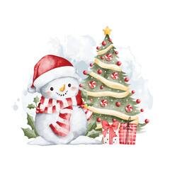 Watercolor Illustration Snowman with Christmas Tree and Gifts