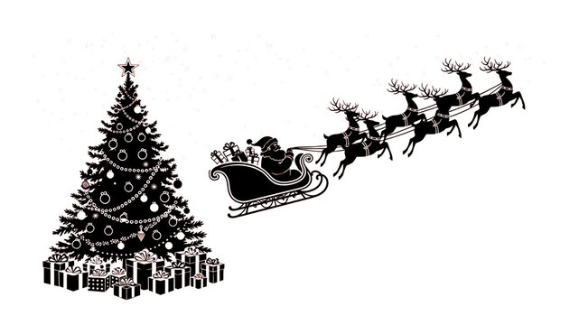 A black Christmas silhouette featuring a decorated tree, Santa’s sleigh, and reindeer. Clean and elegant design for minimalist holiday themes.