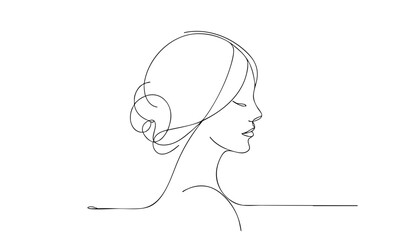 Single line drawing in modern minimalist style of sad female silhouette on white background with copy space