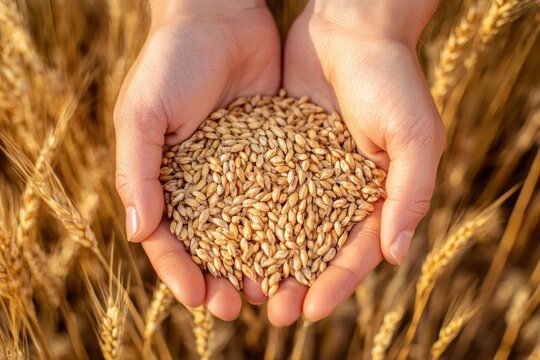 A close-up of a hand holding a handful of golden wheat stalks against a backdrop of a wheat field under a clear blue sky. - Powered by Adobe