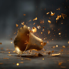 Exploding golden megaphone scattering fragments and sparks conveying powerful announcement or breaking news