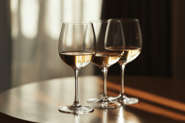 Three white wine glasses in warm light
