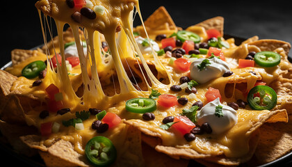 A close-up shot of a plate of cheesy nachos with toppings like jalape&ntilde;os, tomatoes, and sour cream.
