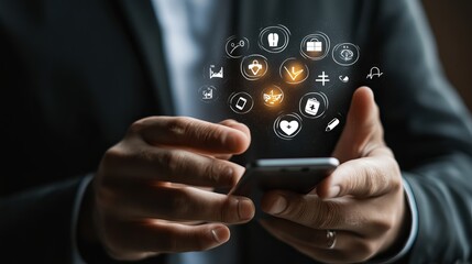 Businessman using smartphone with virtual healthcare icons for online medical services and digital health monitoring