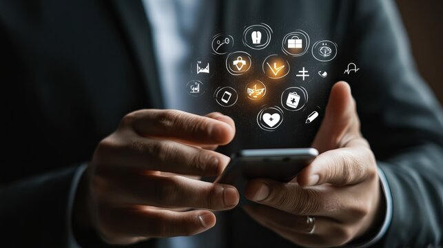 Businessman using smartphone with virtual healthcare icons for online medical services and digital health monitoring