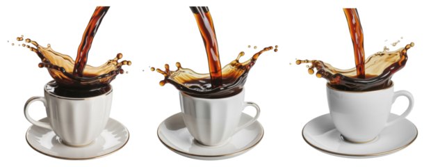 coffee pouring splash in three cups isolated on background.
