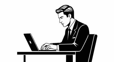 Man in Suit Working on Laptop at Desk.