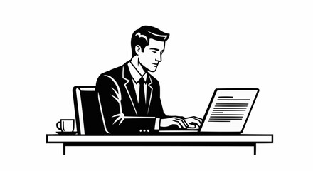 Man in Suit Working on Laptop at Desk.