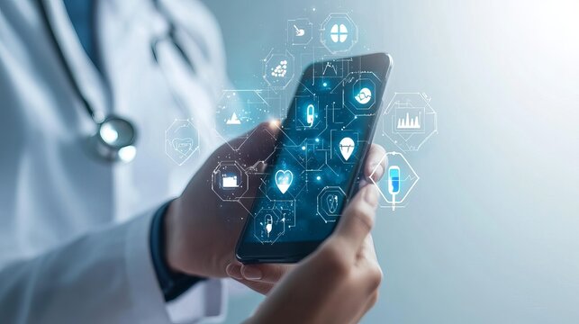 Businessman using smartphone with virtual healthcare icons for online medical services and digital health monitoring - Powered by Adobe