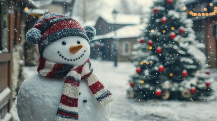 Snowman stands cheerfully in a winter wonderland with decorated tree and snowfall in a quaint village setting