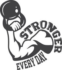 A stylized illustration of a flexing muscular arm holding a kettlebell, with the words 'STRONGER EVERY DAY' in a circular arc, isolated on a transparent background.