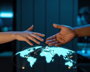 Global network connection with hands reaching