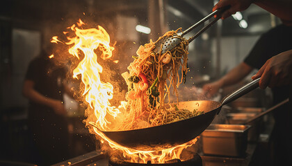 A professional chef skillfully tosses noodles and vegetables in a flaming wok over a high-heat stove in a restaurant kitchen.