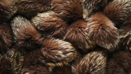 A close-up, overhead view of a pile of luxurious, soft, brown and silver fox fur.