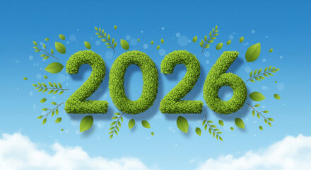 Green Moss Year 2026 Numbers Growing in Blue Sky for Earth Day Eco Greeting Card Design