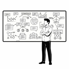 Man standing in front of a strategy board with diagrams and charts.