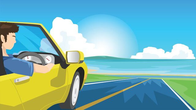 Male driver and a sports car on an asphalt road. The road leads to a wide beach. There is an island under the sun shining and the blue sky.