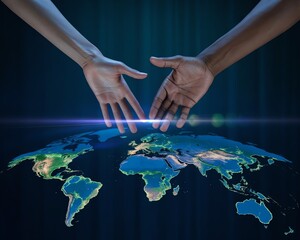 Hands over world map showing global connection