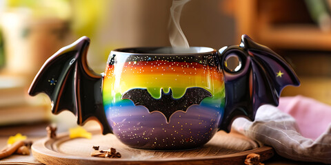 Whimsical rainbow mug with bat wings releases steam, evoking warmth and a touch of gothic charm.