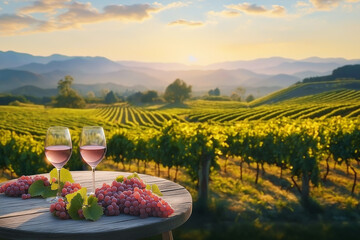 Rose wine and grapes in vineyard sunset