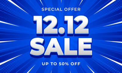 Obraz premium 12.12 Sale banner template with blue comic sunburst background, up to 50% off, text effect vector design for sales promotion, e-commerce, marketing ads, events, web, pages and more