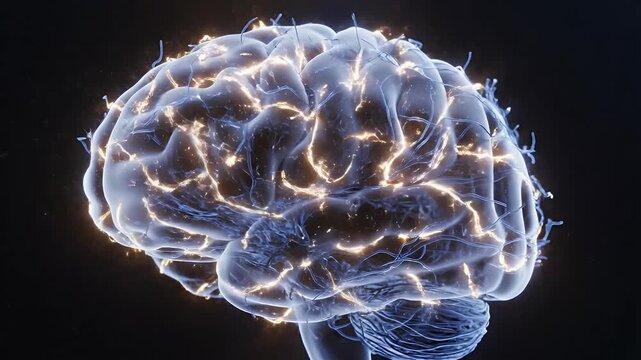 A breathtaking digital representation of the human brain, glowing with intricate electrical impulses and neural activity. The translucent cerebral cortex pulsates with golden light, illustrating the c