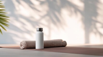 Wellness and fitness essentials with palm shadows hydration bottle towel and yoga mat for healthy lifestyle exercise and relaxation - Powered by Adobe