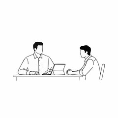 Two men are sitting at a table discussing work related topics.