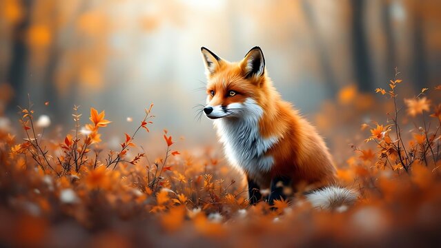 A wild red fox standing among vibrant autumn foliage, looking alert in a serene natural setting. Warm, soft light highlights the fur and enhances the seasonal colors