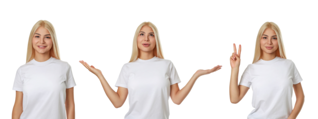 Set of woman in blank white t-shirt, isolated, PNG
