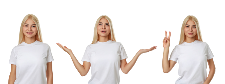 Set of woman in blank white t-shirt, isolated, PNG