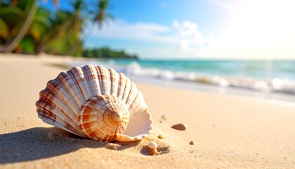 Close-up of a large seashell on a sandy beach, with ocean waves, palm trees, and a bright sunny sky in the background
